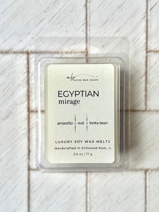 A package of 'Egyptian Mirage' wax melts by michi bar soaps with the scent description 'amaretto, oud, tonka bean' on a white background.