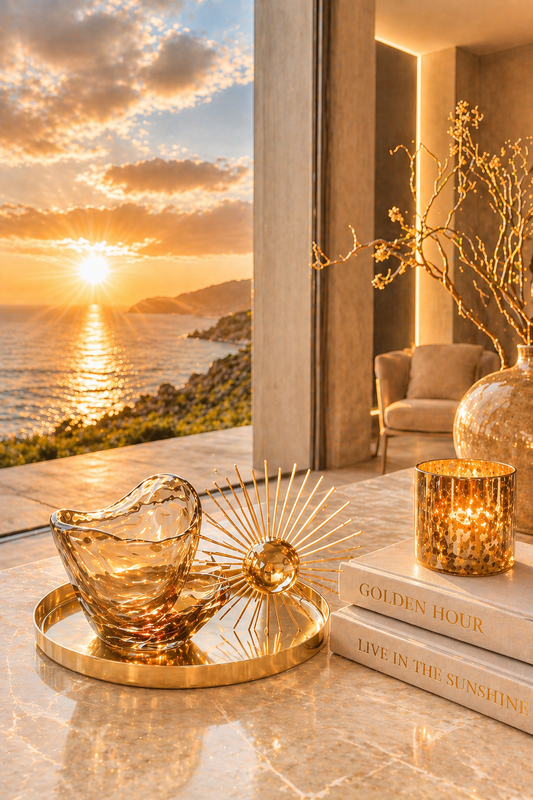 Decorative setting with a sunset over water, candles, and books on a table.