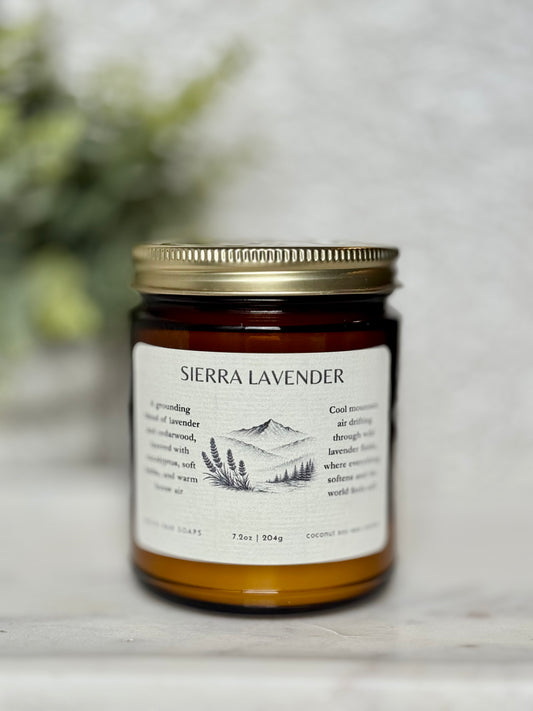 Jar of Sierra Lavender candle on a light background