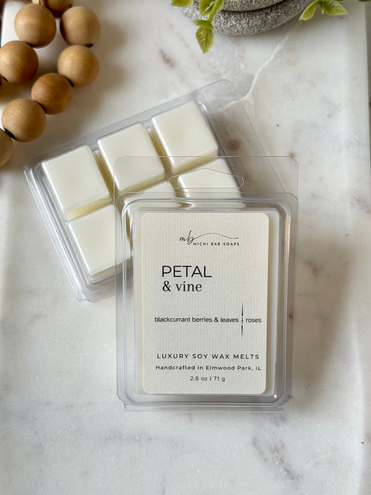 wax melts called petal and Vine in clear platic packaging